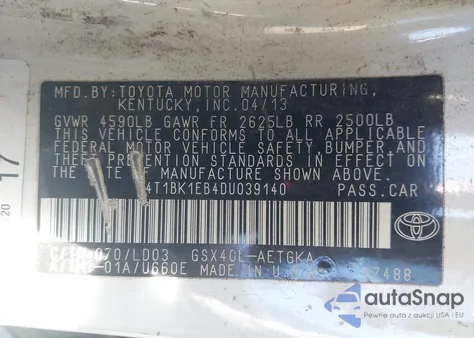 2013 Toyota Avalon Xle z USA, uszkodzony, nr VIN 4T1BK1EB4DU039140